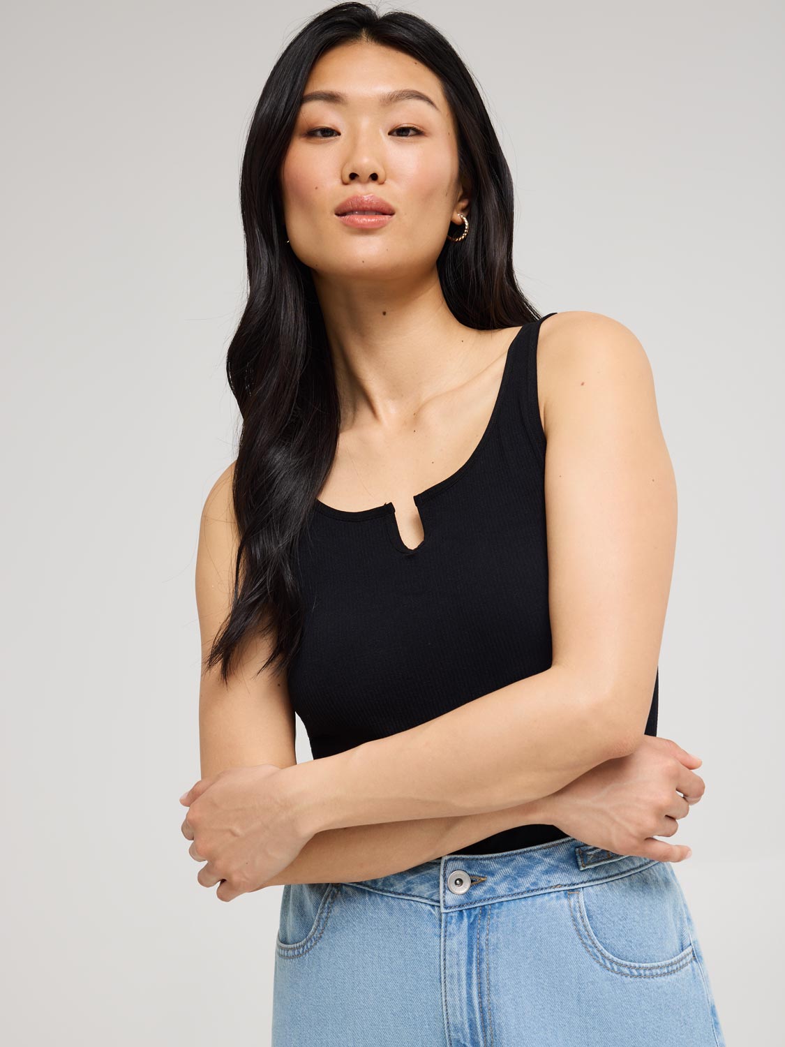 Notch Neck Ribbed Tank Top